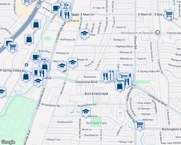 map of restaurants, bars, coffee shops, grocery stores, and more near 422 East Spring Valley Road in Richardson