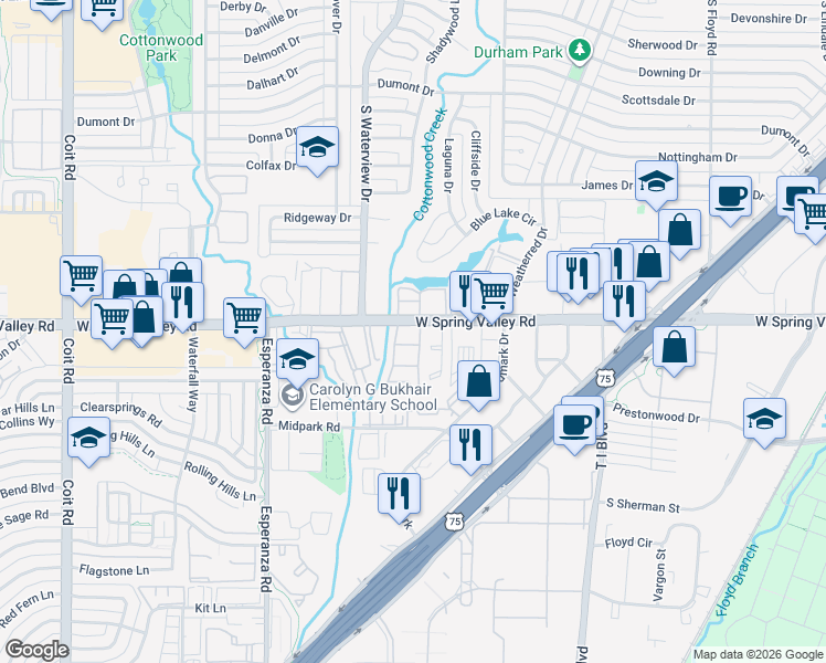 map of restaurants, bars, coffee shops, grocery stores, and more near 1100 West Spring Valley Road in Richardson