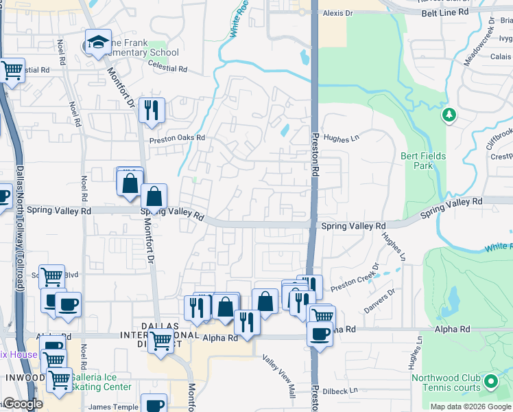 map of restaurants, bars, coffee shops, grocery stores, and more near 5801 Spring Valley Rd in Dallas