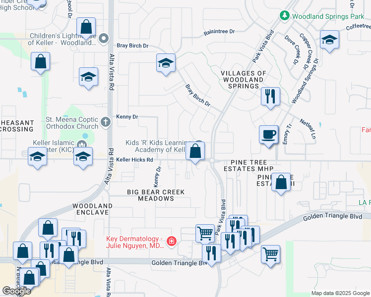 map of restaurants, bars, coffee shops, grocery stores, and more near 11513 Cactus Springs Drive in Fort Worth