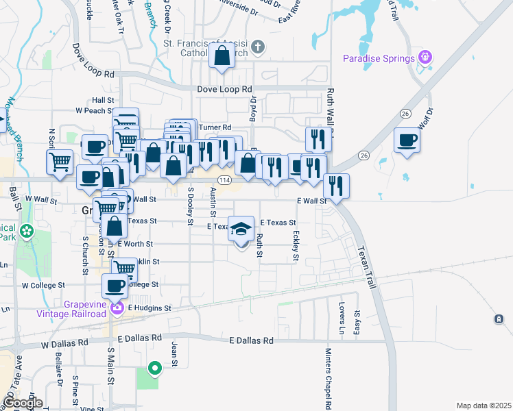 map of restaurants, bars, coffee shops, grocery stores, and more near 727 East Wall Street in Grapevine