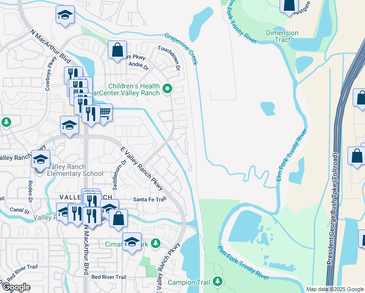 map of restaurants, bars, coffee shops, grocery stores, and more near 157 Cowboys Parkway in Irving