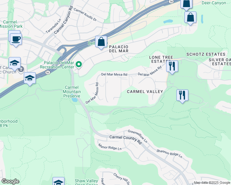 map of restaurants, bars, coffee shops, grocery stores, and more near 5171 Del Mar Mesa Road in San Diego