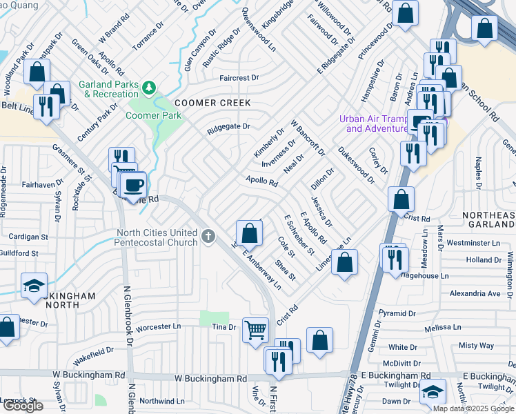 map of restaurants, bars, coffee shops, grocery stores, and more near 2318 Crystal Creek Lane in Garland