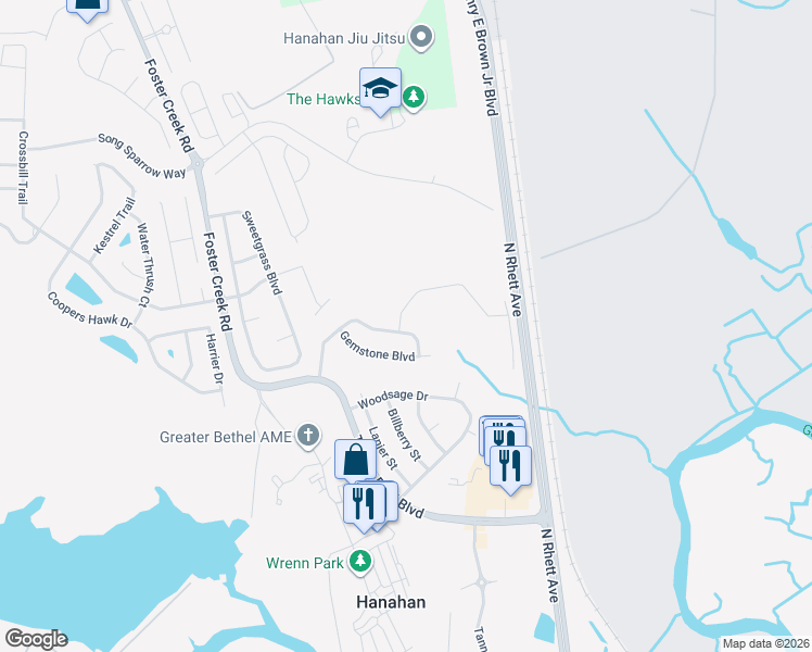 map of restaurants, bars, coffee shops, grocery stores, and more near 1232 Creek Stone Way in Hanahan