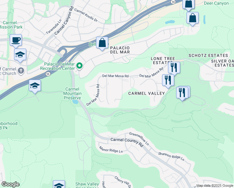 map of restaurants, bars, coffee shops, grocery stores, and more near 5171 Del Mar Mesa Road in San Diego