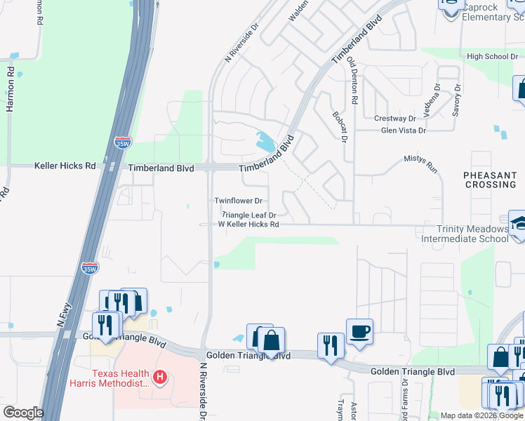 map of restaurants, bars, coffee shops, grocery stores, and more near 2717 Triangle Leaf Drive in Fort Worth