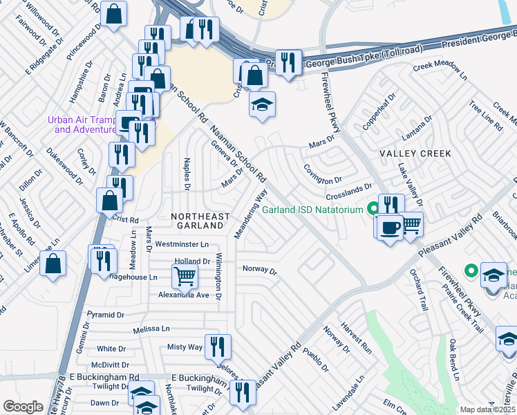 map of restaurants, bars, coffee shops, grocery stores, and more near 2722 Roman Way in Garland