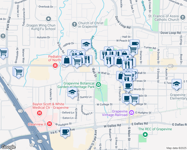 map of restaurants, bars, coffee shops, grocery stores, and more near 807 West Wall Street in Grapevine