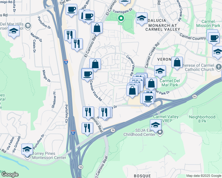 map of restaurants, bars, coffee shops, grocery stores, and more near 3658 Caminito Carmel Landing in San Diego