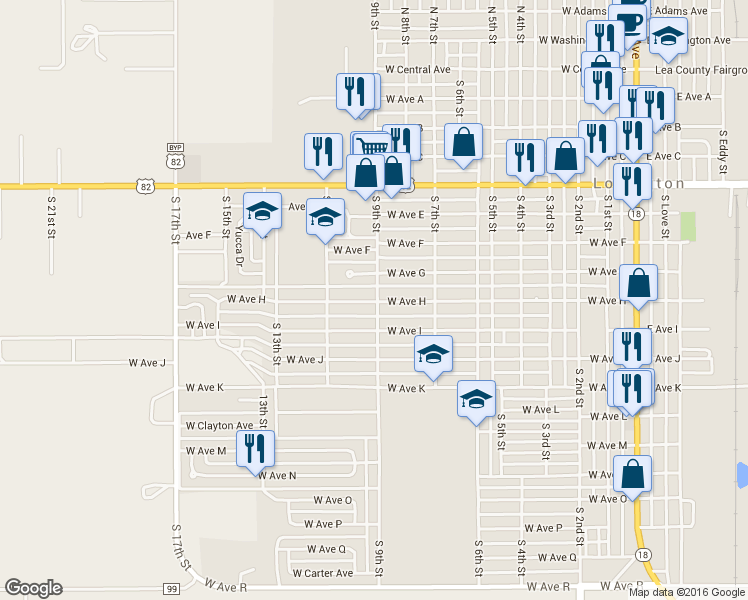 map of restaurants, bars, coffee shops, grocery stores, and more near 910 West Ave H in Lovington