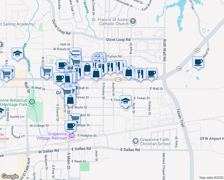 map of restaurants, bars, coffee shops, grocery stores, and more near 521 East Wall Street in Grapevine