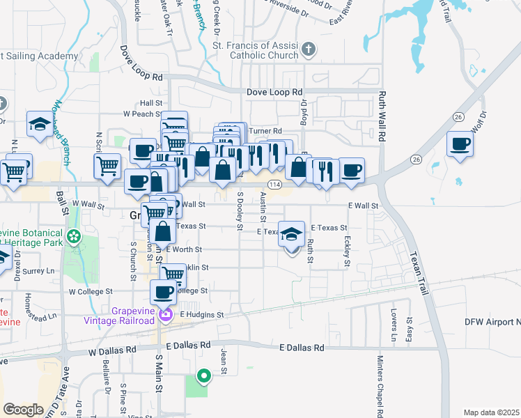 map of restaurants, bars, coffee shops, grocery stores, and more near 521 East Wall Street in Grapevine