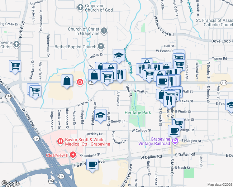 map of restaurants, bars, coffee shops, grocery stores, and more near 1007 W Wall St in Grapevine