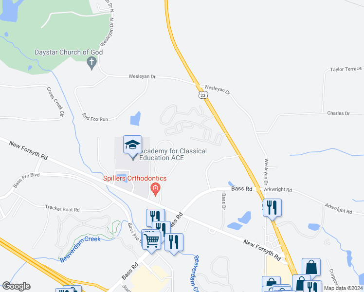 map of restaurants, bars, coffee shops, grocery stores, and more near 5530 Riverside Drive in Macon