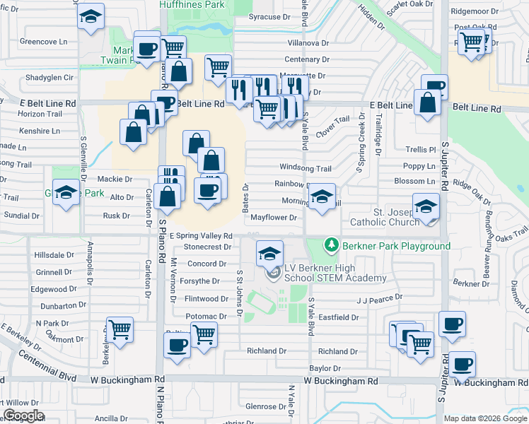map of restaurants, bars, coffee shops, grocery stores, and more near 1700 Morningstar Trail in Richardson