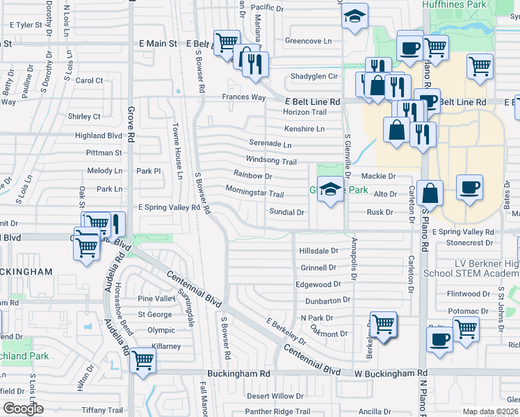 map of restaurants, bars, coffee shops, grocery stores, and more near 1101 Sundial Drive in Richardson