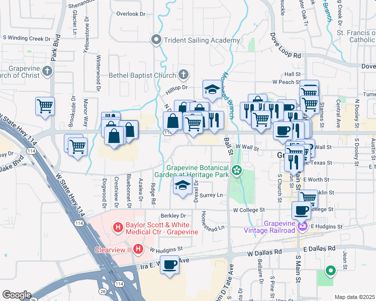 map of restaurants, bars, coffee shops, grocery stores, and more near 1207 West Wall Street in Grapevine