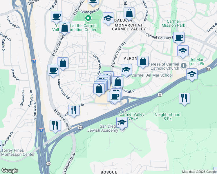 map of restaurants, bars, coffee shops, grocery stores, and more near 3830 Valley Centre Drive in San Diego
