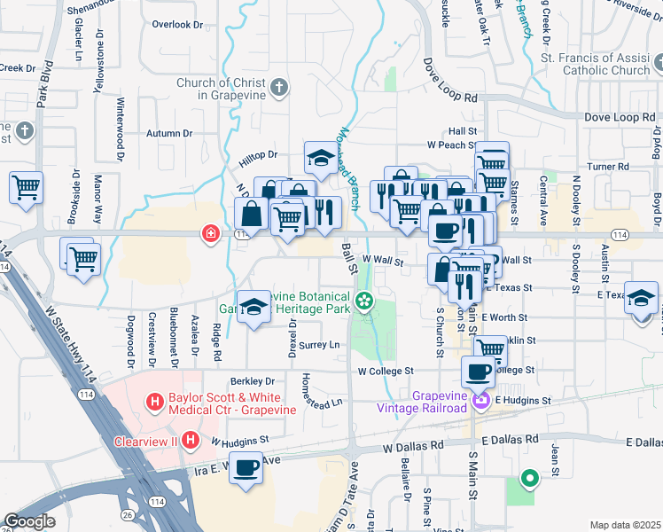 map of restaurants, bars, coffee shops, grocery stores, and more near 807 West Wall Street in Grapevine