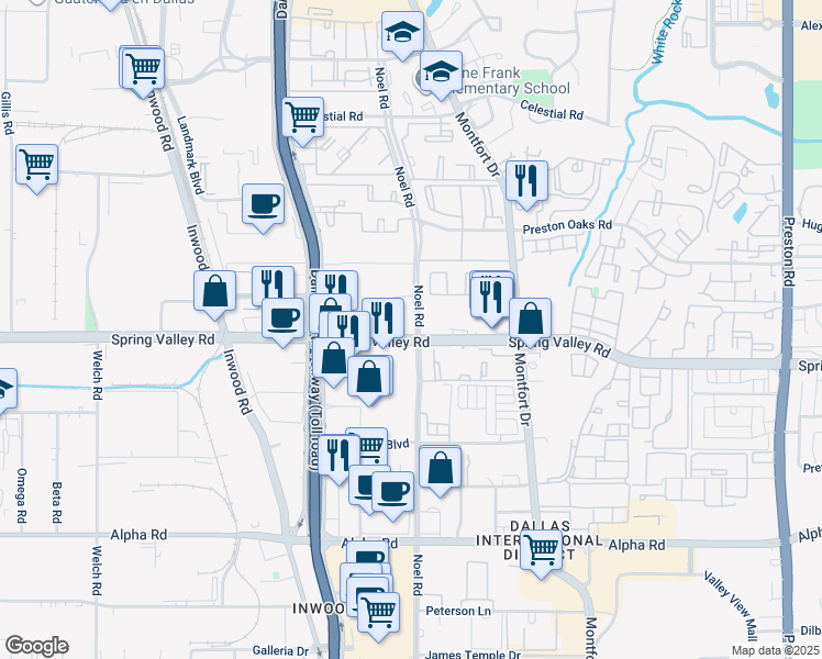 map of restaurants, bars, coffee shops, grocery stores, and more near 5251 Spring Valley Road in Dallas