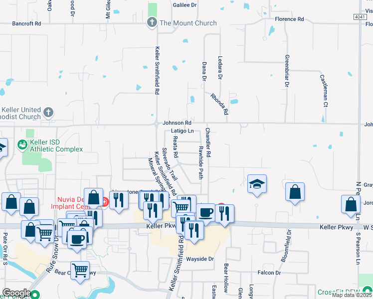 map of restaurants, bars, coffee shops, grocery stores, and more near 1513 Wagonwheel Trail in Keller