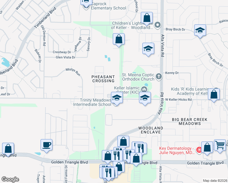 map of restaurants, bars, coffee shops, grocery stores, and more near 405 Ridgeview Circle in Fort Worth