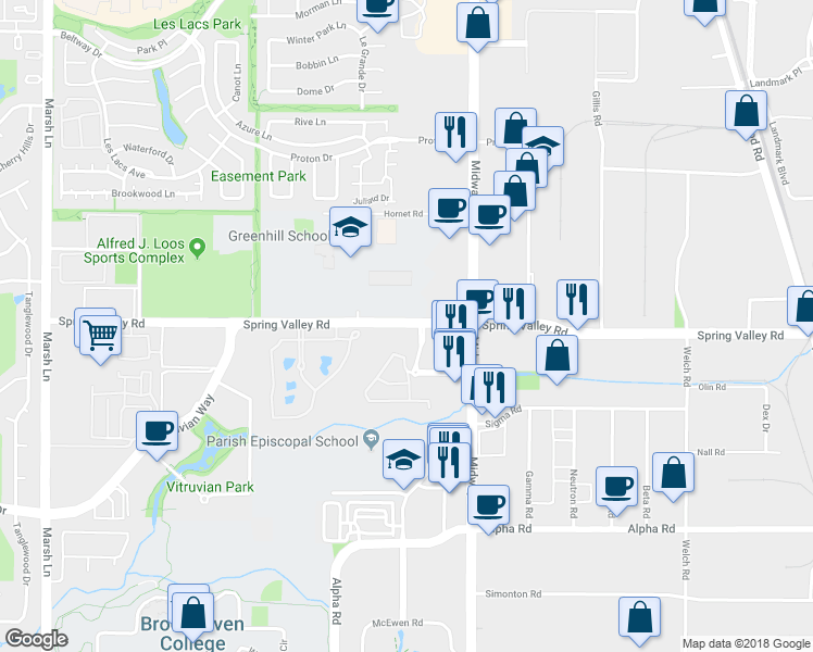 map of restaurants, bars, coffee shops, grocery stores, and more near 4050 Spring Valley Road in Farmers Branch