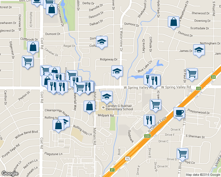 map of restaurants, bars, coffee shops, grocery stores, and more near 8662 West Spring Valley Road in Richardson
