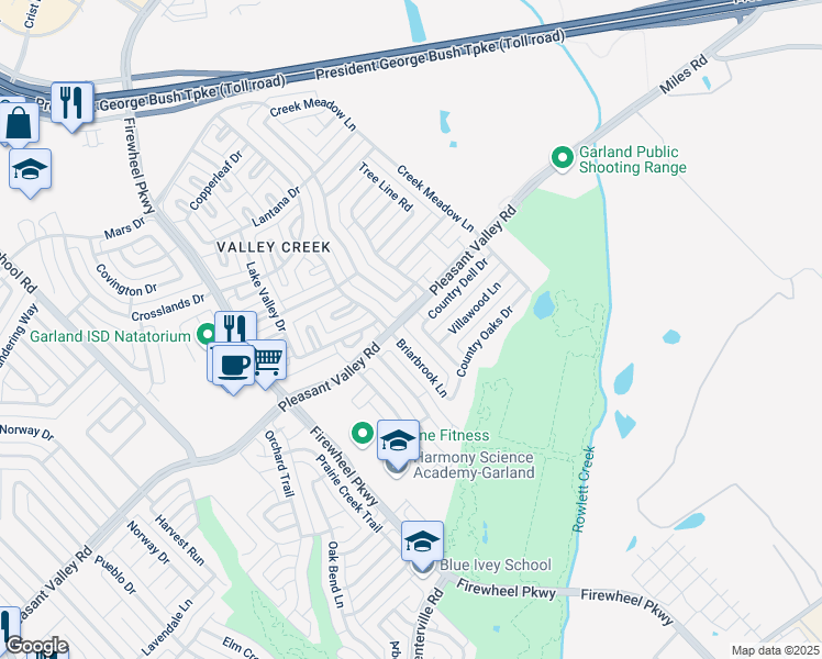 map of restaurants, bars, coffee shops, grocery stores, and more near 2421 Bellbrook Ln in Garland