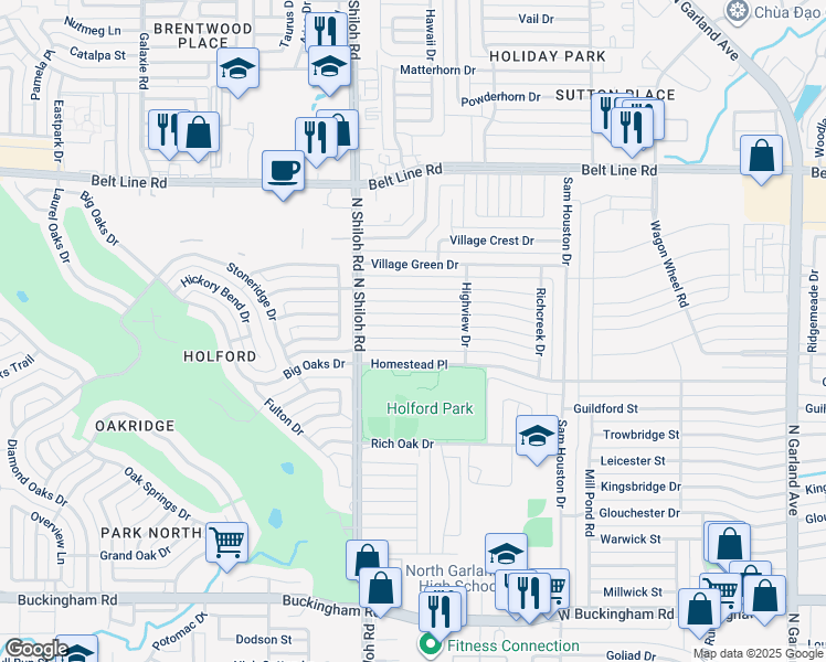 map of restaurants, bars, coffee shops, grocery stores, and more near 2317 Richwood Dr in Garland