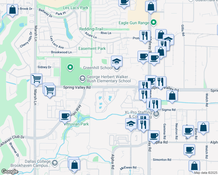 map of restaurants, bars, coffee shops, grocery stores, and more near 3982 Spring Valley Road in Farmers Branch
