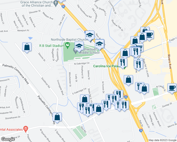 map of restaurants, bars, coffee shops, grocery stores, and more near 7631 Selma St in North Charleston