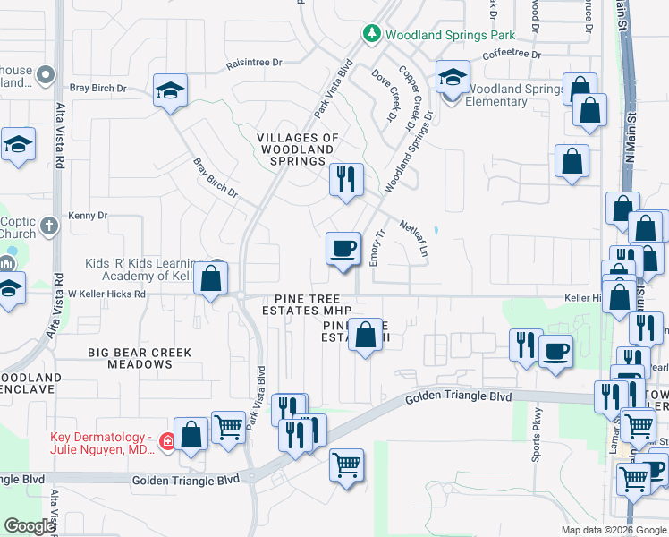 map of restaurants, bars, coffee shops, grocery stores, and more near 11520 Petunia Drive in Fort Worth