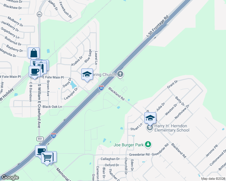 map of restaurants, bars, coffee shops, grocery stores, and more near 185 Blackland Road in Royse City