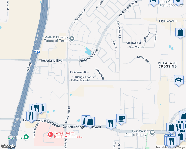 map of restaurants, bars, coffee shops, grocery stores, and more near 11429 Turning Leaf Trail in Fort Worth