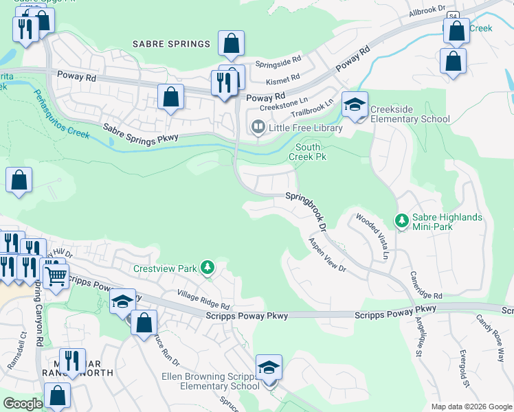 map of restaurants, bars, coffee shops, grocery stores, and more near 11466 Tree Hollow Lane in San Diego