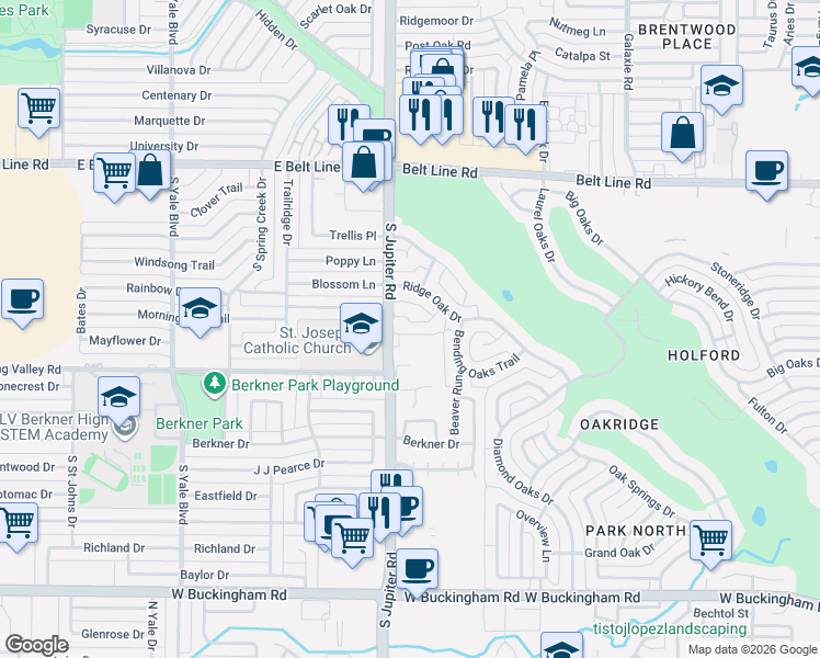 map of restaurants, bars, coffee shops, grocery stores, and more near 2602 North Jupiter Road in Garland