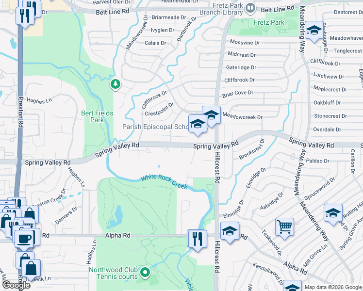 map of restaurants, bars, coffee shops, grocery stores, and more near 6719 Spring Valley Road in Dallas