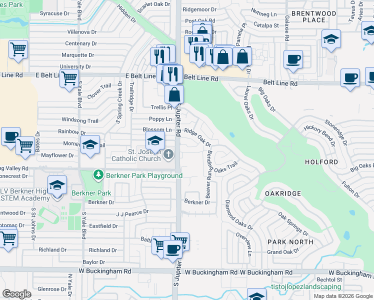map of restaurants, bars, coffee shops, grocery stores, and more near 2602 North Jupiter Road in Garland
