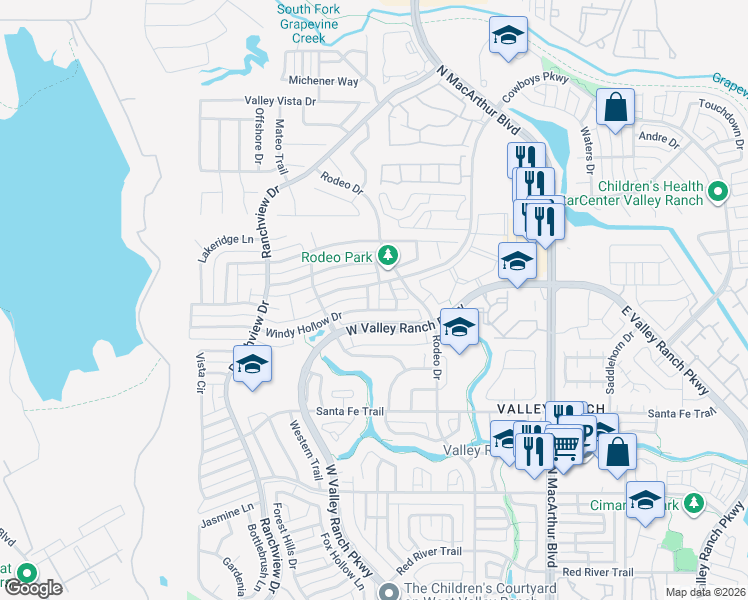 map of restaurants, bars, coffee shops, grocery stores, and more near 9604 Quail Hollow Lane in Irving