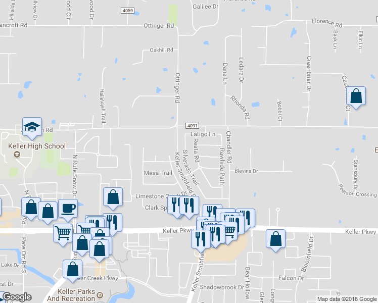 map of restaurants, bars, coffee shops, grocery stores, and more near 505 Silverado Trail in Keller