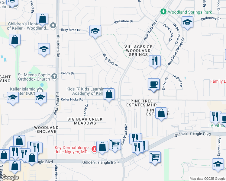 map of restaurants, bars, coffee shops, grocery stores, and more near 11517 Aspen Creek Drive in Fort Worth