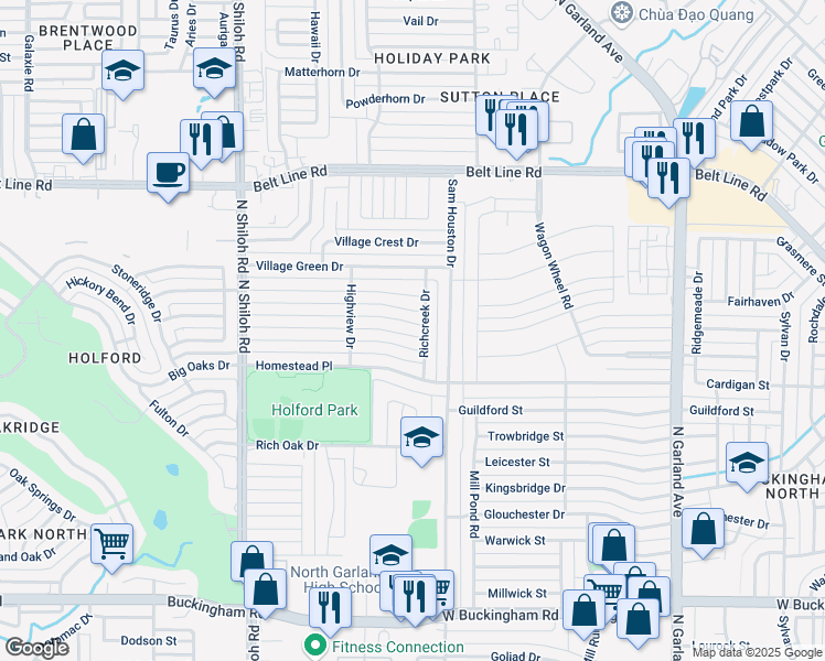 map of restaurants, bars, coffee shops, grocery stores, and more near 2106 Richbrook Drive in Garland