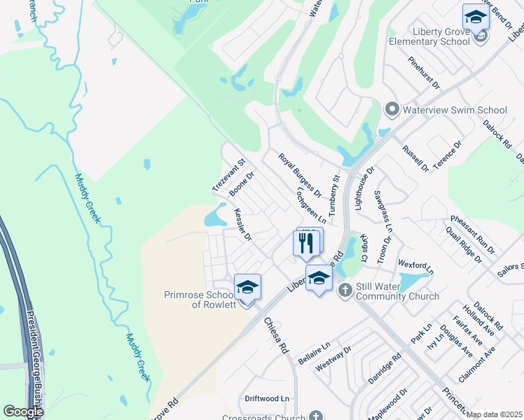 map of restaurants, bars, coffee shops, grocery stores, and more near Crockett Drive in Rowlett
