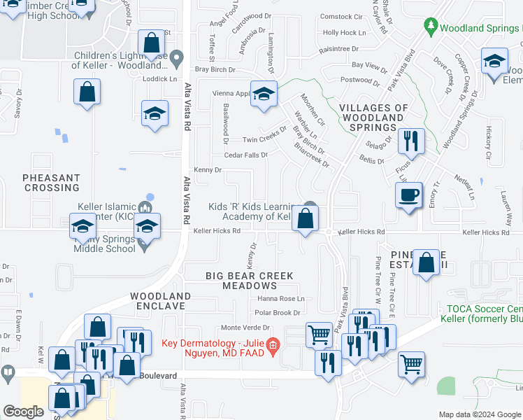 map of restaurants, bars, coffee shops, grocery stores, and more near 11509 Pheasant Creek Drive in Fort Worth