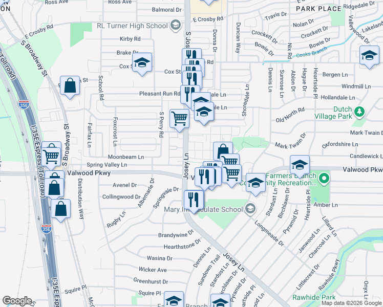map of restaurants, bars, coffee shops, grocery stores, and more near 14208 Heritage Circle in Farmers Branch