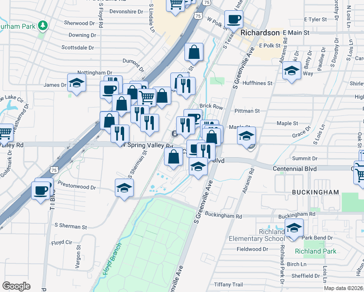 map of restaurants, bars, coffee shops, grocery stores, and more near 152 East Spring Valley Road in Richardson