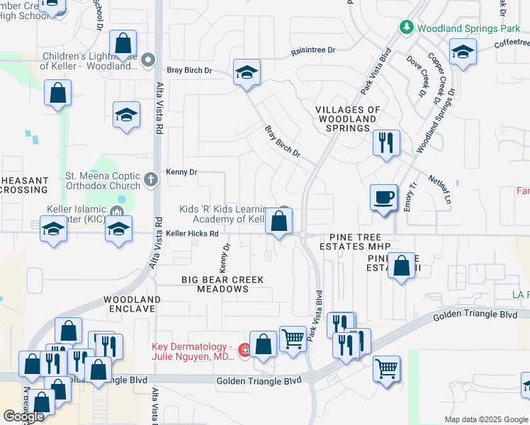 map of restaurants, bars, coffee shops, grocery stores, and more near 11513 Cactus Springs Dr in Fort Worth