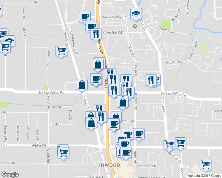 map of restaurants, bars, coffee shops, grocery stores, and more near 14106 Dallas Parkway in Dallas